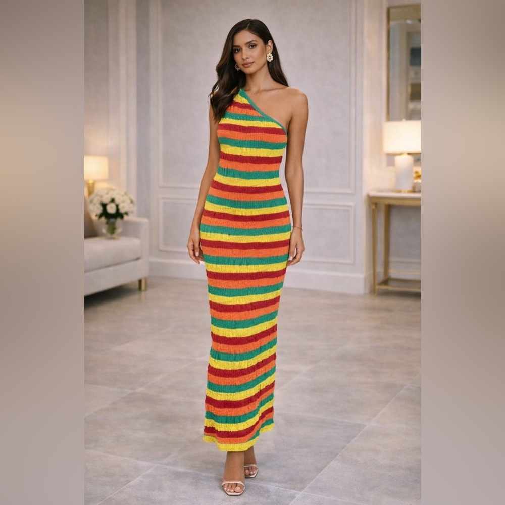 ZARA Women's Midi Dress SMALL Linen Blend Knit Striped 3859/101 Multicolor Asymm